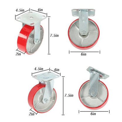 4 Pack Swivel Caster Wheels 6" × 2" Polyurethane 4800Lbs (2 Swivel & 2 Rigid)