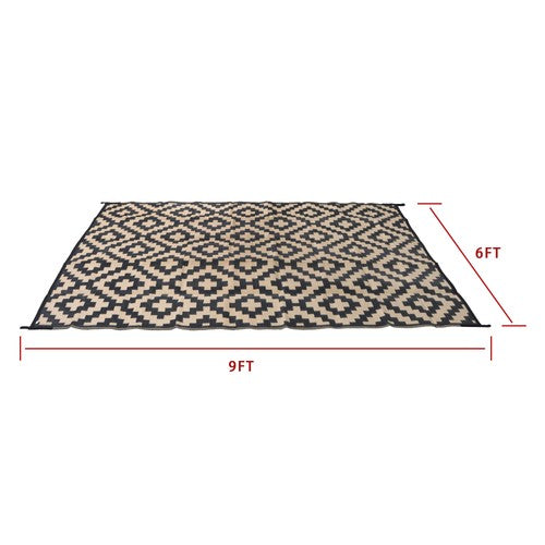 Waterproof Outdoor Rug Outdoor Plastic Straw Rug 6' x 9' Black & Beige Carpet