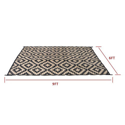 Waterproof Outdoor Rug Outdoor Plastic Straw Rug 6' x 9' Black & Beige Carpet