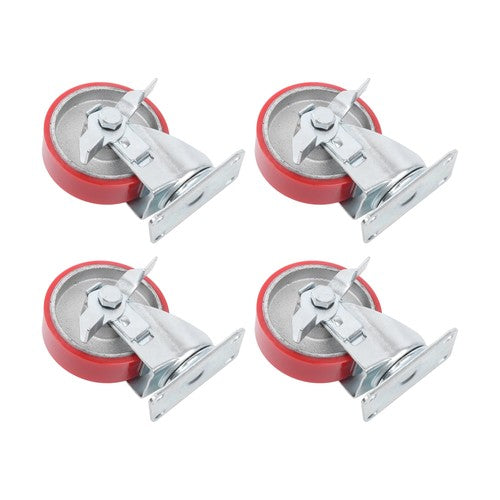 Four 4-inch red polyurethane galvanized casters with side brakes