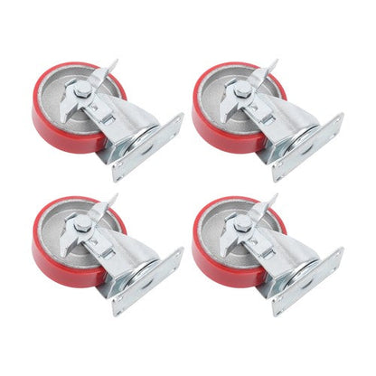 Four 4-inch red polyurethane galvanized casters with side brakes