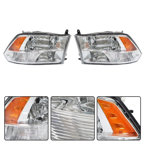 Headlight For Dodge Ram 1500 2500 3500 2009-2018 Crystal Chrome Housing L+R Pair
