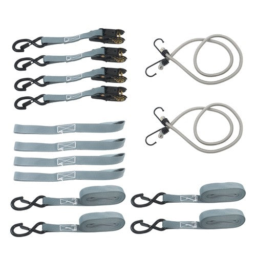 4 Pack Ratchet Strap Polyester Gray 2200lbs 1in*15ft S Hook 36' Stretch Cord*2