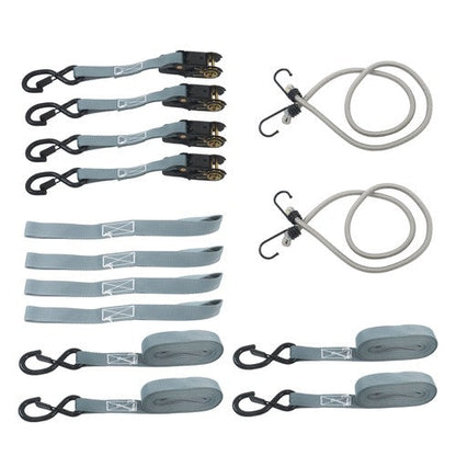 4 Pack Ratchet Strap Polyester Gray 2200lbs 1in*15ft S Hook 36' Stretch Cord*2