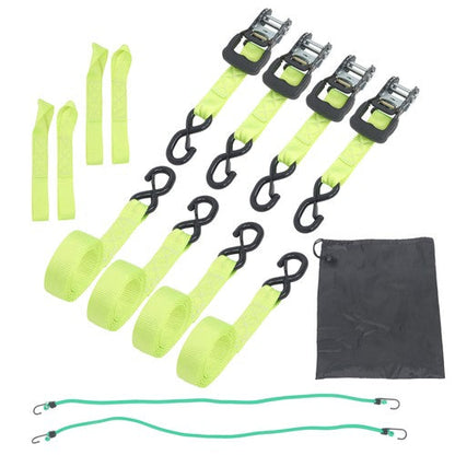 4-Pack 1.6"x8' Green Ratchet Straps Kit 5,208lb Break Strength w/ Safety S Hooks