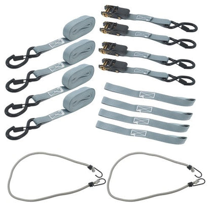 4 Pack Ratchet Strap Polyester Gray 2200lbs 1in*15ft S Hook 36' Stretch Cord*2