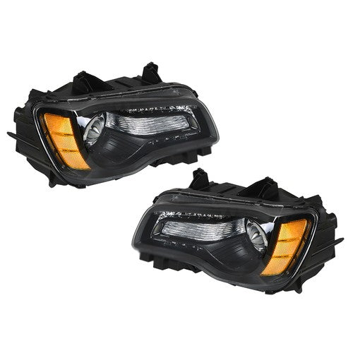 Pair Headlights Headlamps Halogen Black  Clear Lens For Chrysler 300 2011-2014