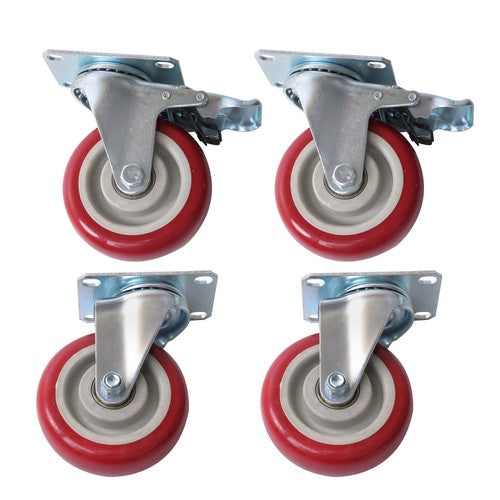 4 pcs 4-inch universal casters red (2 with brakes and 2 without brakes)