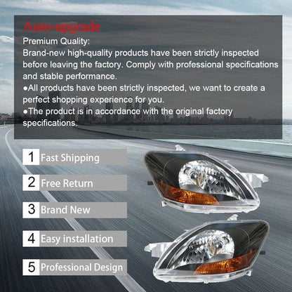 Left & Right Pair Headlights Headlamps Black Housing For Toyota Yaris 2007-2012