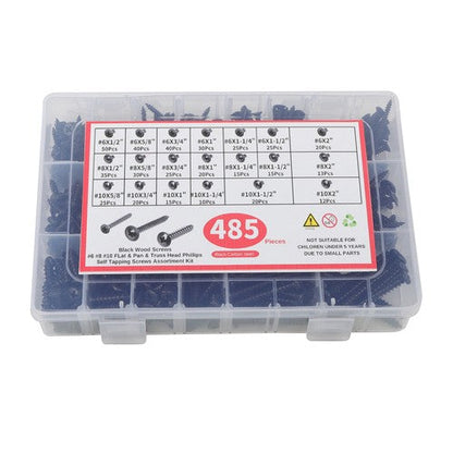 485 Pack Black wood screws kits with 20 different sizes #6, #8, #10 For Wood