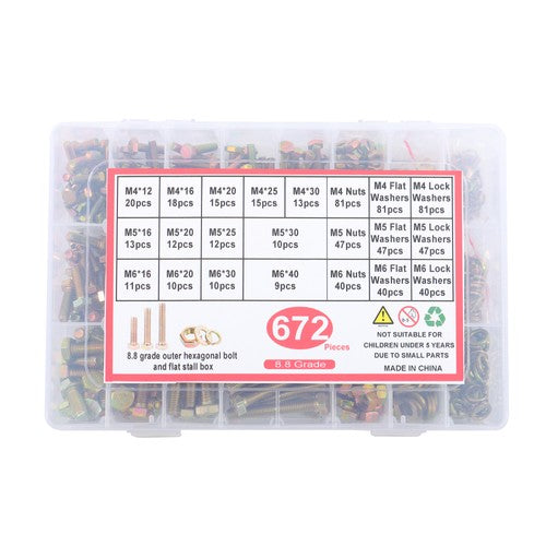 Alloy Steel Bolts and Nuts Flat & Lock Washers Assortment Kit M4 M5 M6 672PCS