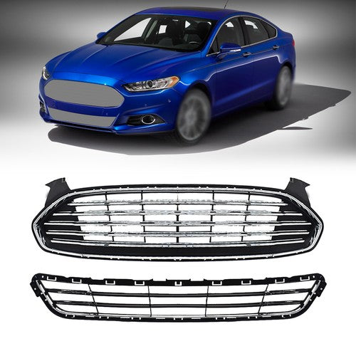 New For Ford Fusion 2013-2016 2pcs Chrome Grill Front Upper & Lower Grille Kit