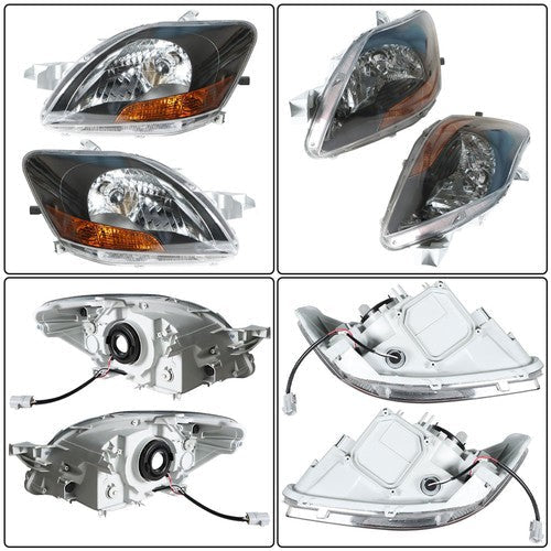 Left & Right Pair Headlights Headlamps Black Housing For Toyota Yaris 2007-2012