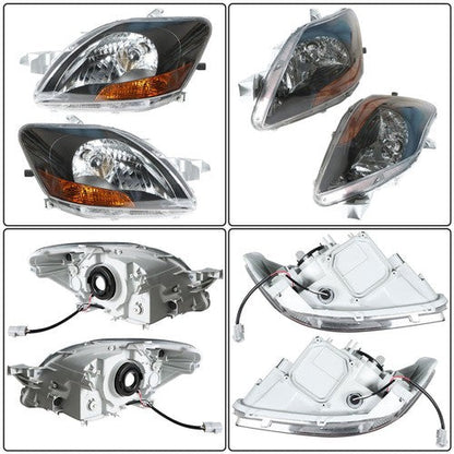 Left & Right Pair Headlights Headlamps Black Housing For Toyota Yaris 2007-2012