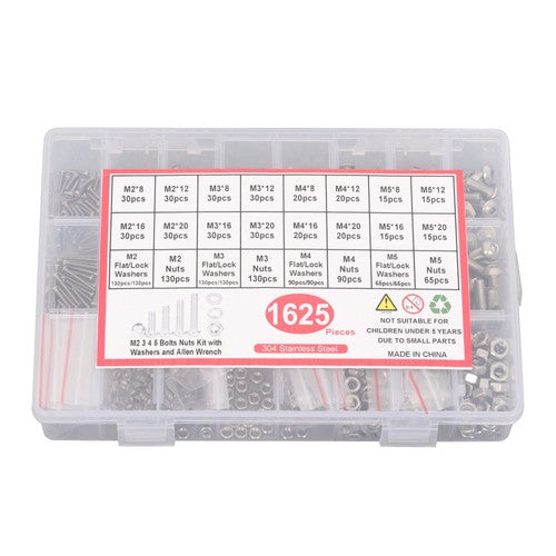1625× M2 M3 M4 M5 Metric Screw Assortment, 304 Stainless Steel Bolts & Nuts