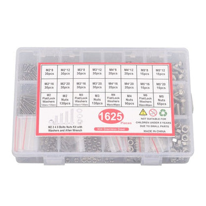 1625× M2 M3 M4 M5 Metric Screw Assortment, 304 Stainless Steel Bolts & Nuts