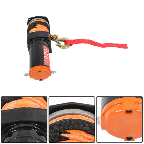 Electric Winch Black+Orange 2000lbs 12VDC/1.1HP Motor 0.18in*50ft Synthetic Rope