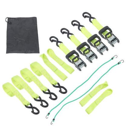 4-Pack 1.6"x8' Green Ratchet Straps Kit 5,208lb Break Strength w/ Safety S Hooks