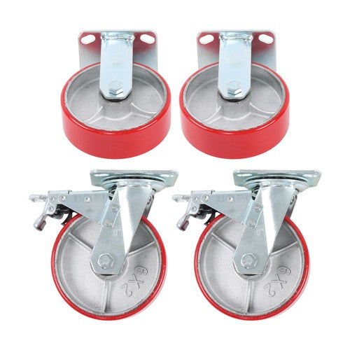 6" X 2" Industrial Casters - 2 Fixed and 2 Swivel Caster Wheels with Brakes