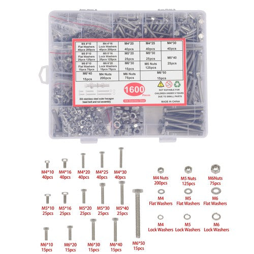 1600PCS of M6 M4 M5 Heavy Duty Nuts Flat and Bolts & Lock Washers Assortment Kit