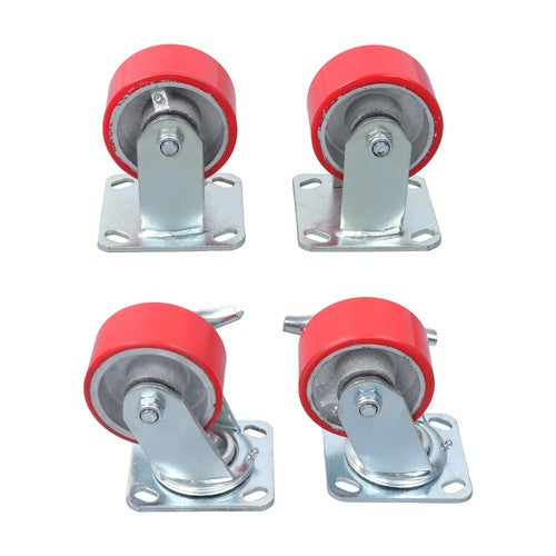 4 Heavy Duty Caster Set 4" Polyurethane on Cast Iron Wheels No Mark Red
