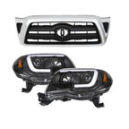 Pair Headlights Front Grille Chrome Shell W/Black Insert For 05-11 Toyota Tacoma