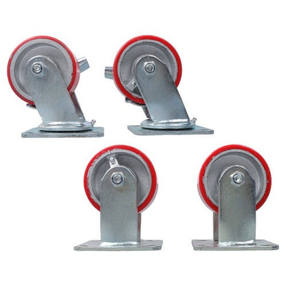 4 Heavy Duty Caster Set 4" Polyurethane on Cast Iron Wheels No Mark Red