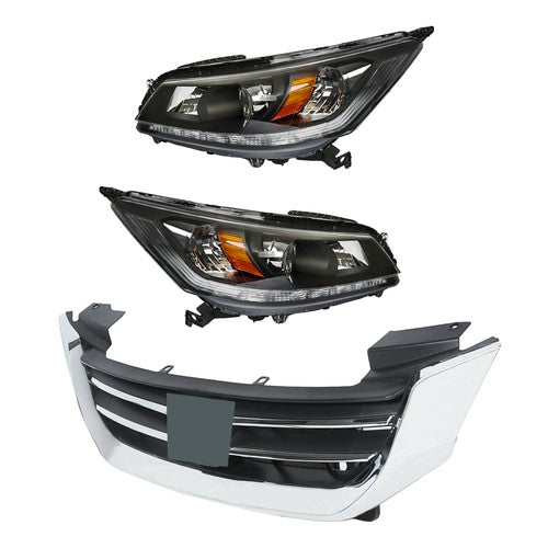 Headlights W/LED DRL Halogen& Bumper Grille For 13-15 Honda Accord Chrome Pair