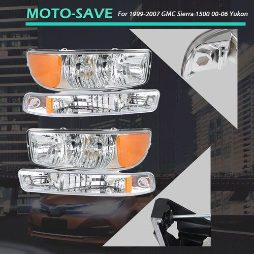 Pair Set For GMC Sierra 1500 1999-2007 Headlight Replacement Halogen Clear Lens