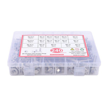 240 Pcs Flanged Stainless Steel Bolts and Nuts Kit M5, M6, M8 Metric Assortment