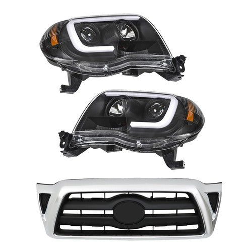 Pair Headlights Front Grille Chrome Shell W/Black Insert For 05-11 Toyota Tacoma