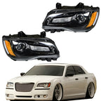 Pair Headlights Headlamps Halogen Black  Clear Lens For Chrysler 300 2011-2014