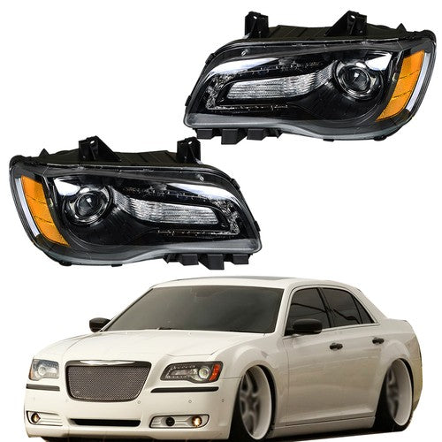 Pair Headlights Headlamps Halogen Black  Clear Lens For Chrysler 300 2011-2014