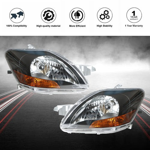 Left & Right Pair Headlights Headlamps Black Housing For Toyota Yaris 2007-2012