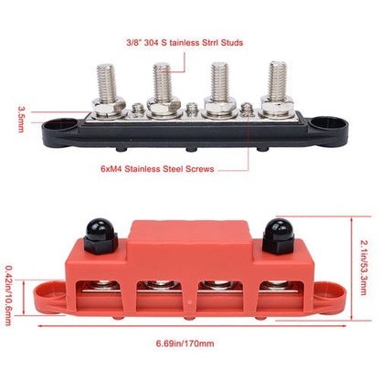 3/8" / 250A 4 Stud Busbar Bus Bar Power Distribution Terminal Block Red&Black