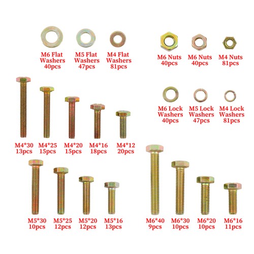 Alloy Steel Bolts and Nuts Flat & Lock Washers Assortment Kit M4 M5 M6 672PCS