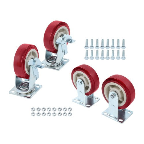 Set of 4 Heavy Duty Casters - 6 inch x 2 inch Red Polyurethane Tread