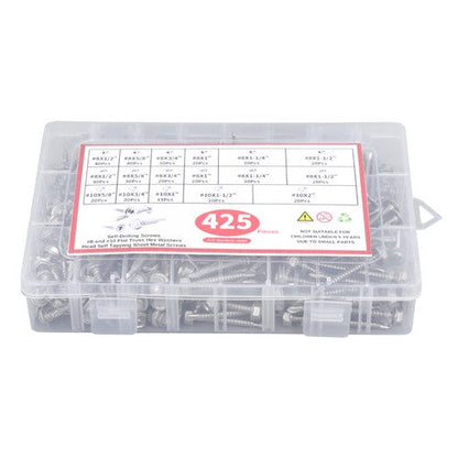 425 Pcs 410 Stainless Steel Self-Tapping Screws, #8 #10 Self-Drilling Set