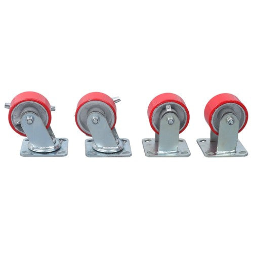 4 Heavy Duty Caster Set 4" Polyurethane on Cast Iron Wheels No Mark Red
