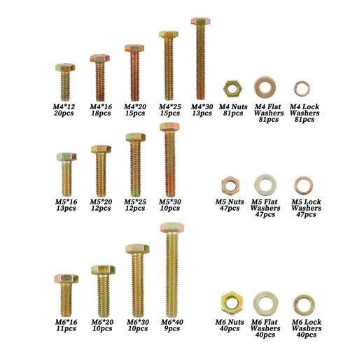 672PCS M4 M5 M6 Alloy Steel Bolts and Nuts Flat & Lock Washers Assortment Kit