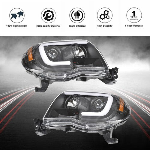 Halogen Headlights Fit For Toyota Tacoma 2005-2011 LED Tube Black Clear Lens
