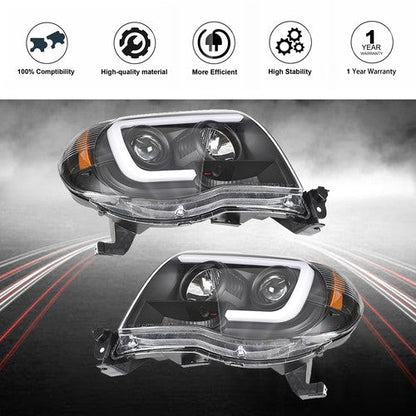 Halogen Headlights Fit For Toyota Tacoma 2005-2011 LED Tube Black Clear Lens