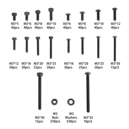 1590-Piece M3 Screw Kit with Hex Button & Socket Head Bolts, Nuts, and Washers