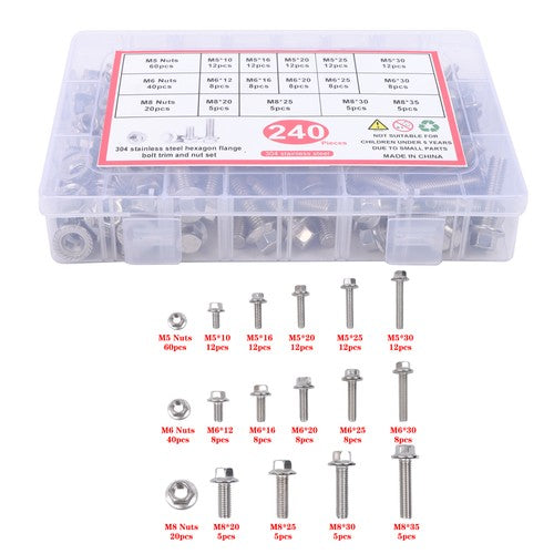 240 Pcs Flanged Stainless Steel Bolts and Nuts Kit M5, M6, M8 Metric Assortment