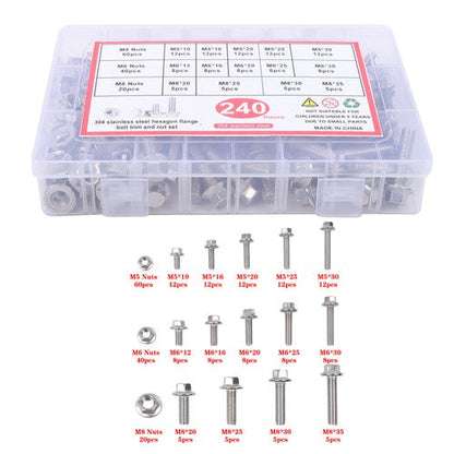 240 Pcs Flanged Stainless Steel Bolts and Nuts Kit M5, M6, M8 Metric Assortment