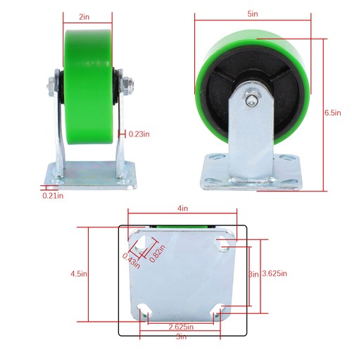 Polyurethane 1000Lbs 5"×2" Caster Wheels Green Straight Wheels Heavy Duty