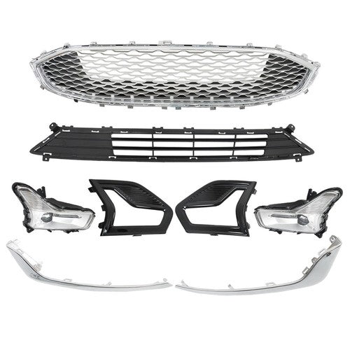 Front Upper + Lower Grill w/ Fog Lights + Chrome Trim For Ford Fusion 2019-2020