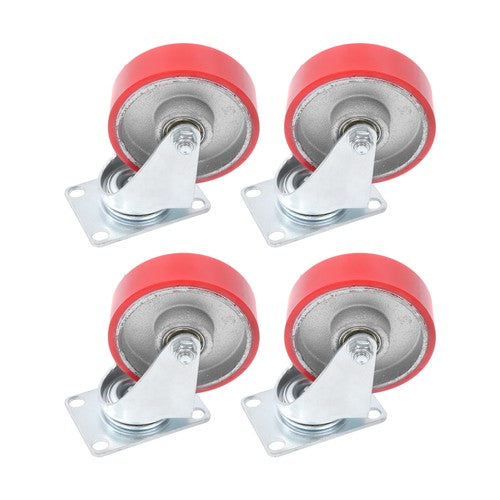 Four 4-inch red polyurethane galvanized casters with side brakes