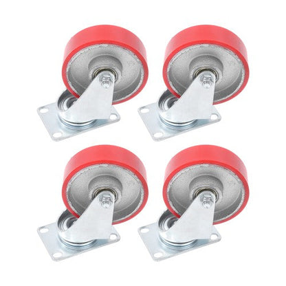 Four 4-inch red polyurethane galvanized casters with side brakes