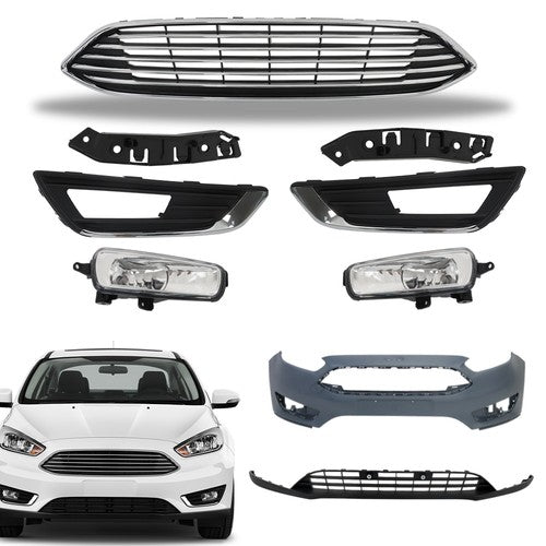 Chrome Black Complete Front Bumper Cover+Grill Set For Ford Focus 2015-2018